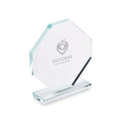 Premiul de cristal hexagonal din sticla clara cu logo si text gravat argintiu pentru recunoastere profesionala