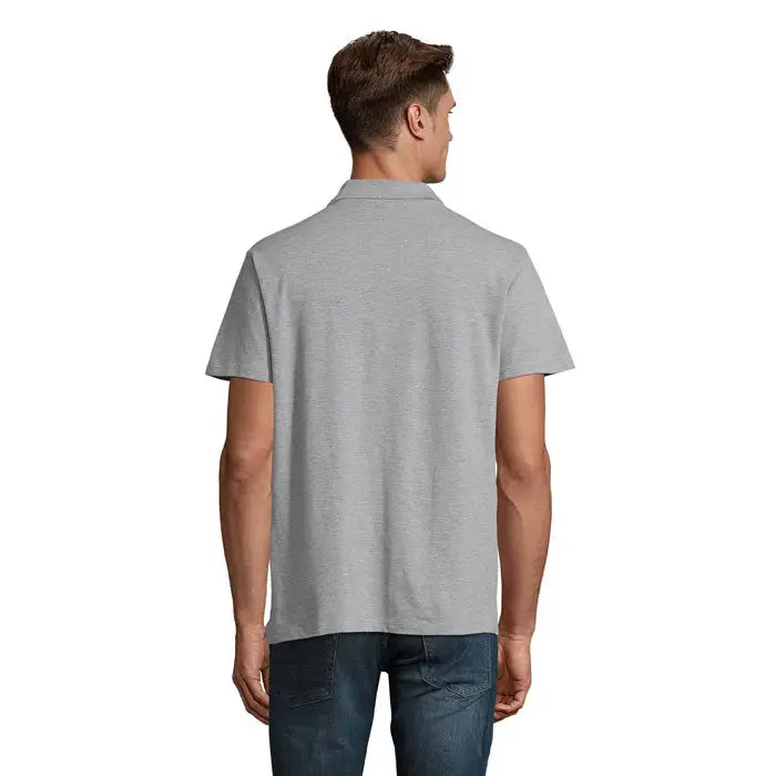 Tricou polo barbati primavara ii gri melanj din bumbac 210g cu guler clasic si maneci scurte