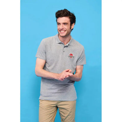 Tricou polo barbatesc primavara II gri melanj cu logo mic brodat pe piept din material 210g
