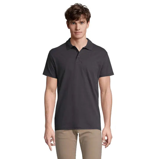 Tricou polo barbatesc primavara ii gri inchis cu maneci scurte guler clasic si nasturi din bumbac 210g