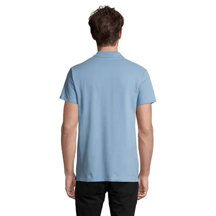 Tricou polo barbatesc primavara ii bleu deschis cu guler clasic si cusaturi precise din bumbac 210g