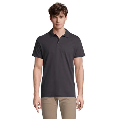 Tricou polo barbatesc primavara ii gri inchis cu maneci scurte, guler clasic si nasturi, 210g
