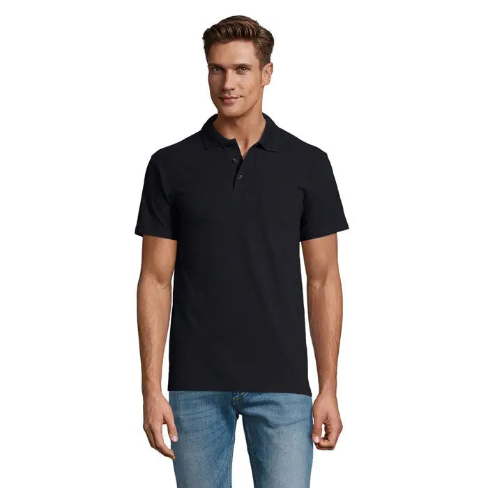 Tricou polo barbatesc primavara ii negru cu maneci scurte guler clasic si nasturi din bumbac 210g