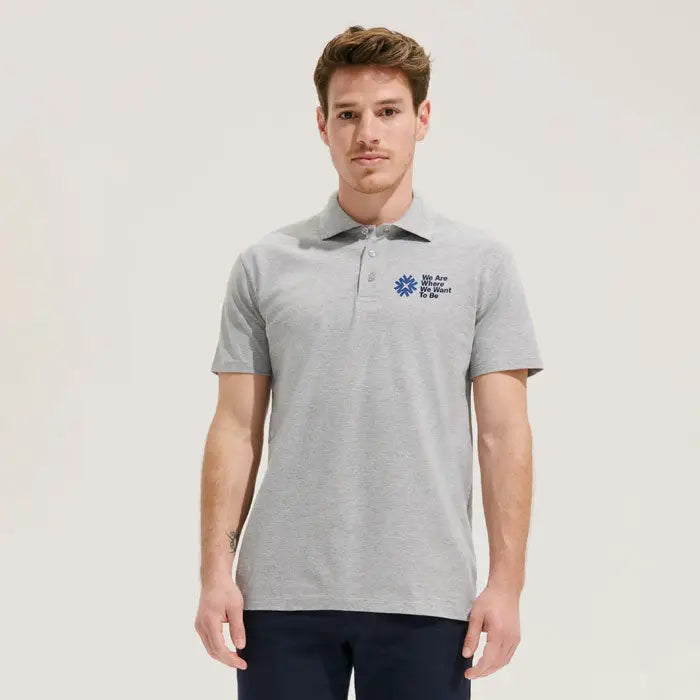 Tricou polo gri texturat primavara II pentru bărbați cu logo brodat albastru pe piept din material 210g