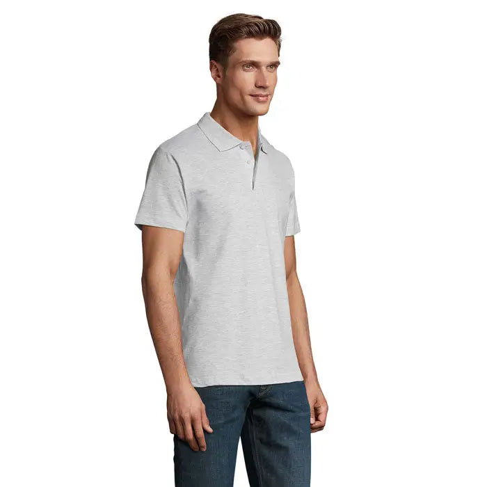 Polo barbati primavara ii 210g gri deschis cu textura, guler clasic si maneci scurte din bumbac usor