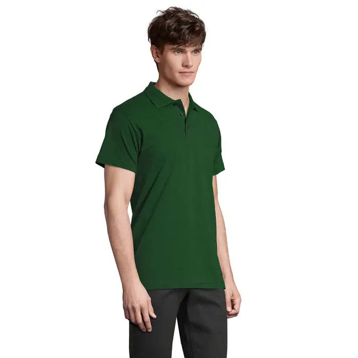 Tricou polo bărbătesc primavara ii verde închis cu mâneci scurte din material de 210g cu gulera clasică și nasturi
