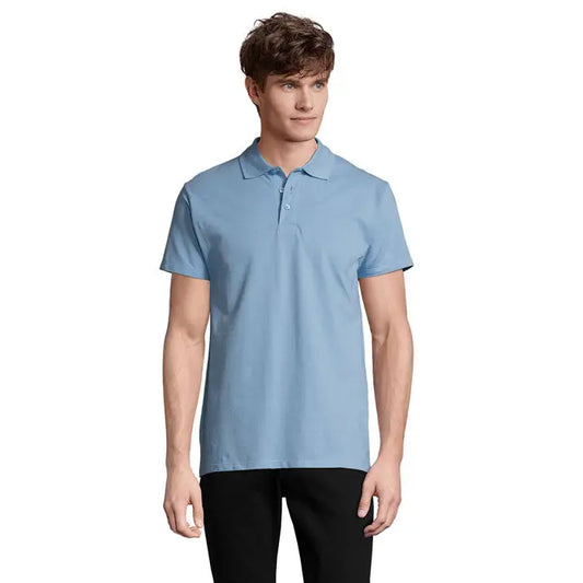 Tricou polo barbati primavara ii albastru deschis cu maneci scurte guler clasic si plasa cu nasturi 210g