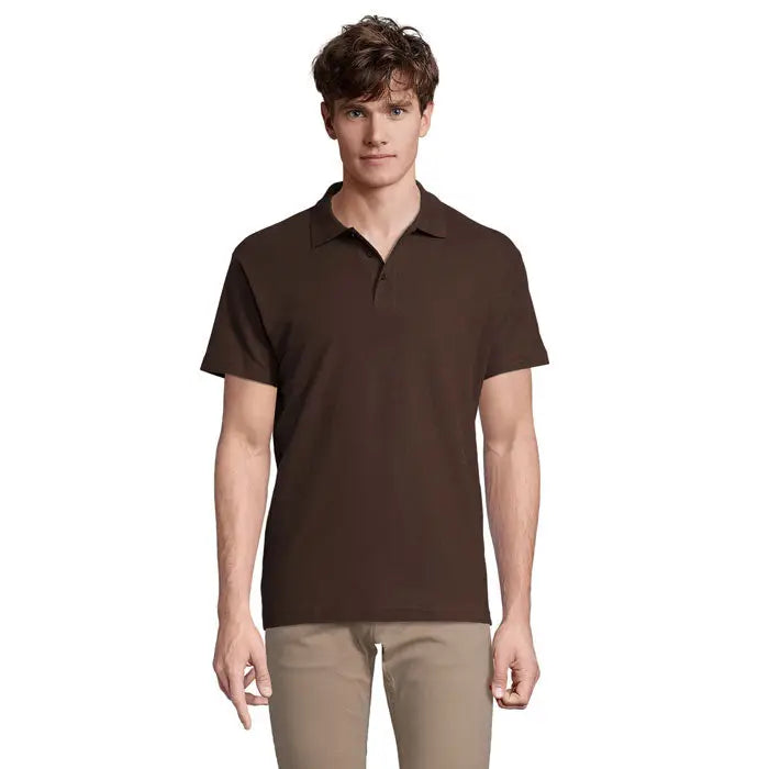 Tricou polo bărbătesc primavara ii maro închis cu mâneci scurte și guler clasic din material 210g
