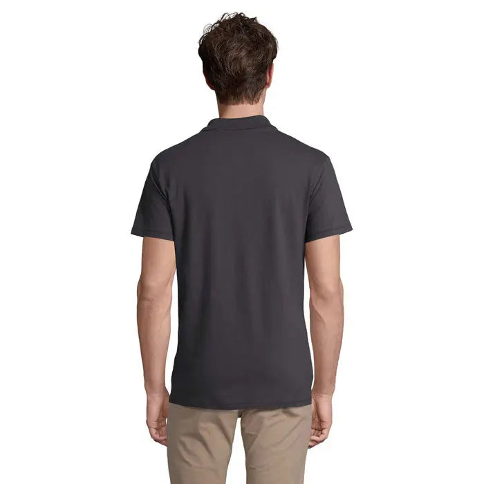 Polo barbatii primavara ii gri inchis cu maneci scurte, guler clasic si cusaturi ingrijite, material 210g