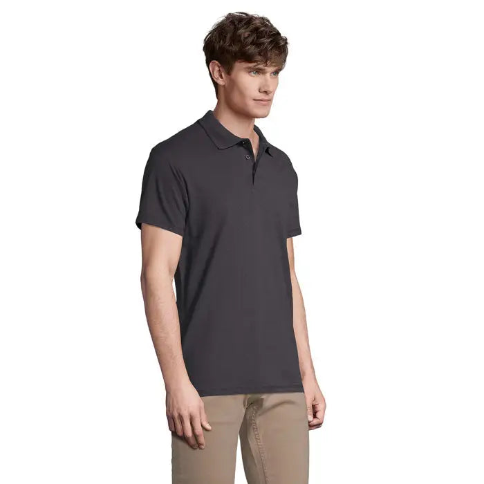Tricou polo barbatesc primavara ii gri inchis cu maneci scurte, guler clasic si nasturi, 210g