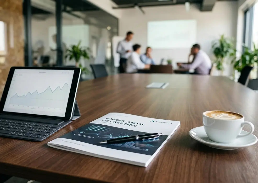 Broșură A4 capsată, lăsată pe o masă de conferințe modernă, lângă o ceașcă de cafea și o tabletă, într-un mediu de birou profesional.