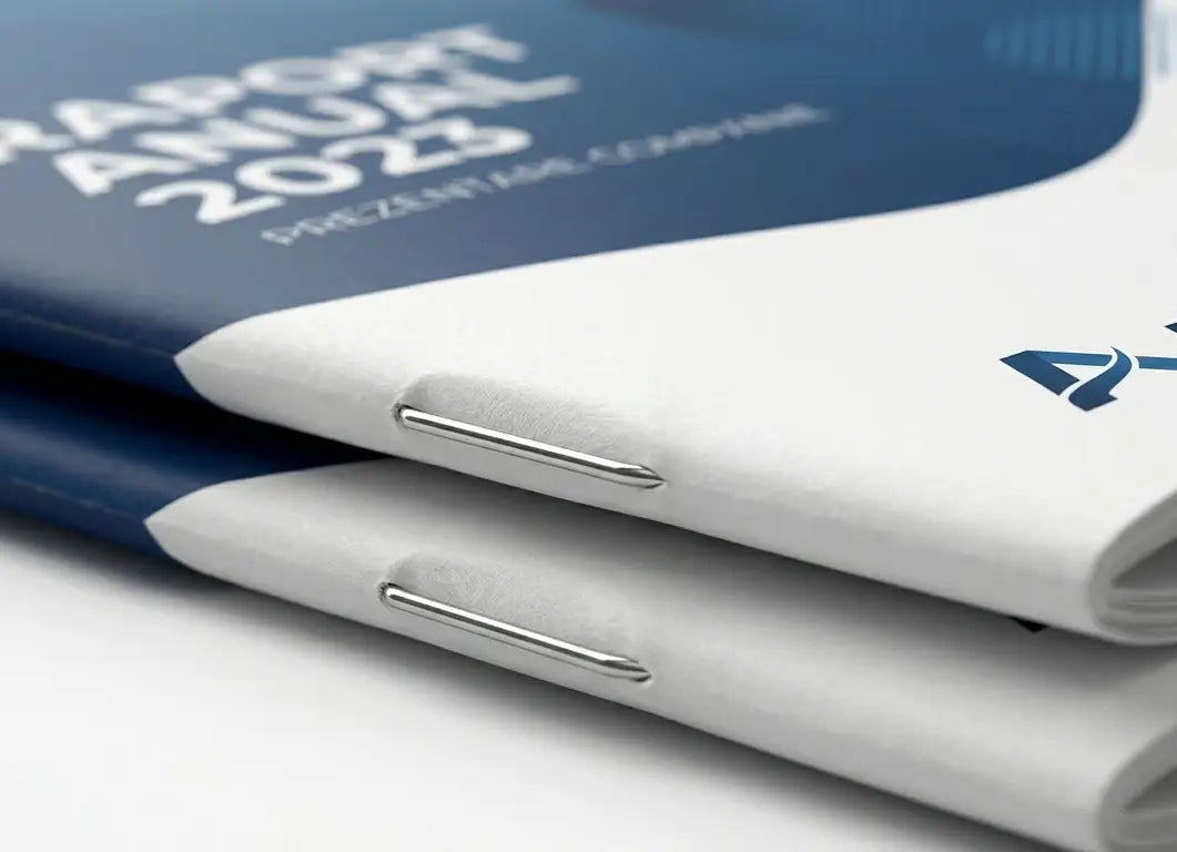 Detaliu sistem de legare cu două capse metalice pentru broșuri și cataloage A5 rezistente.