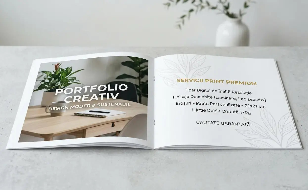 Broșură pătrată personalizată format 21x21 cm deschisă, tipar color de înaltă rezoluție pe hârtie dublu cretată.