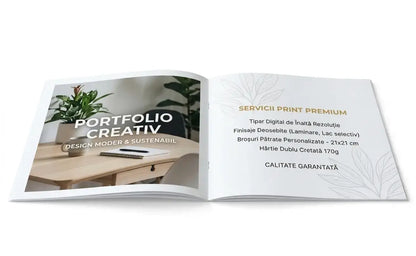 Portofoliu deschis minimalist print broșuri pătrate personalizate 21x21 cu pagini albe și modele subtile cu frunze