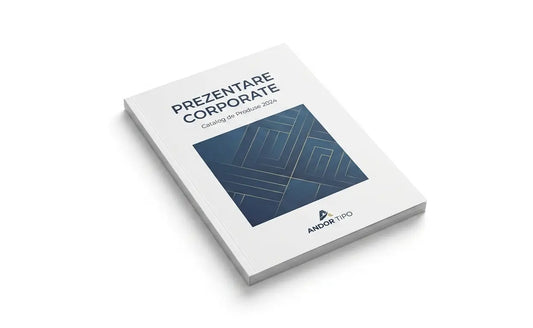 Produs tipografic: Broșură personalizată format portret, copertă 250g și interior 130g, prezentare curată pentru magazin online.