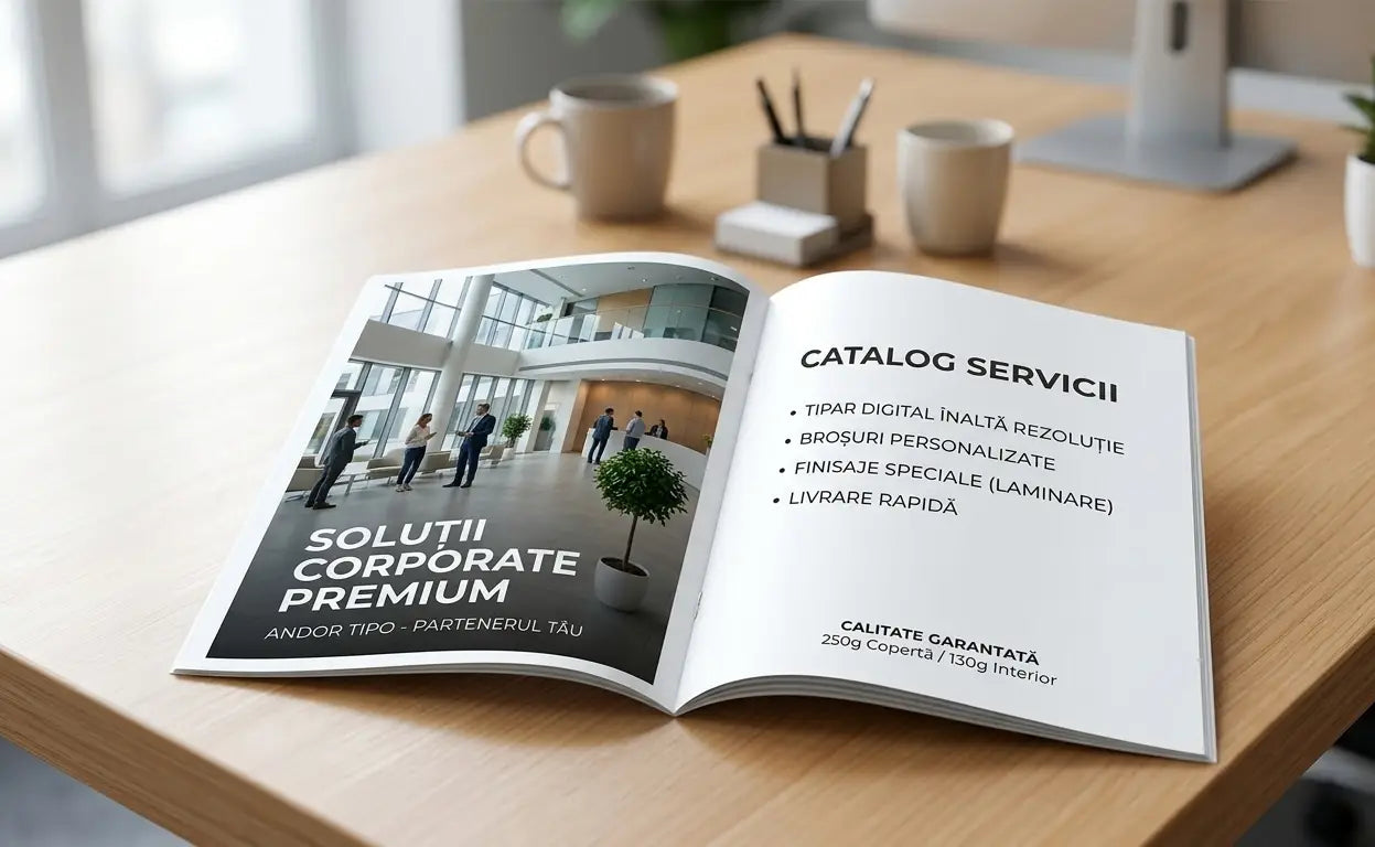 Broșură verticală personalizată A4 deschisă, tipar digital de înaltă definiție pe hârtie premium, ideală pentru cataloage de prezentare.