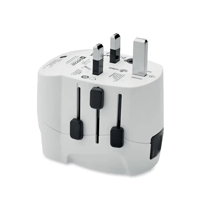 Adaptor de călătorie alb din plastic pro light 2x usb cu prize glisante negre și pini metalici argintii 3 poli