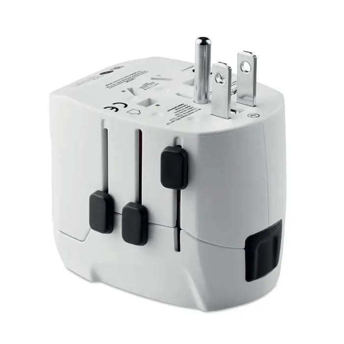 Adaptor de călătorie alb din plastic pro light 2x usb cu prize glisante negre și pini metalici argintii 3 poli