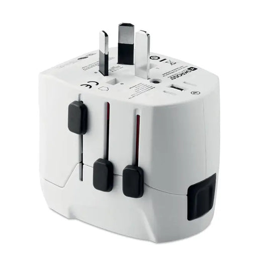 Adaptor de călătorie pro light alb din plastic cu prize glisante negre și port usb 2x pentru 3 poli