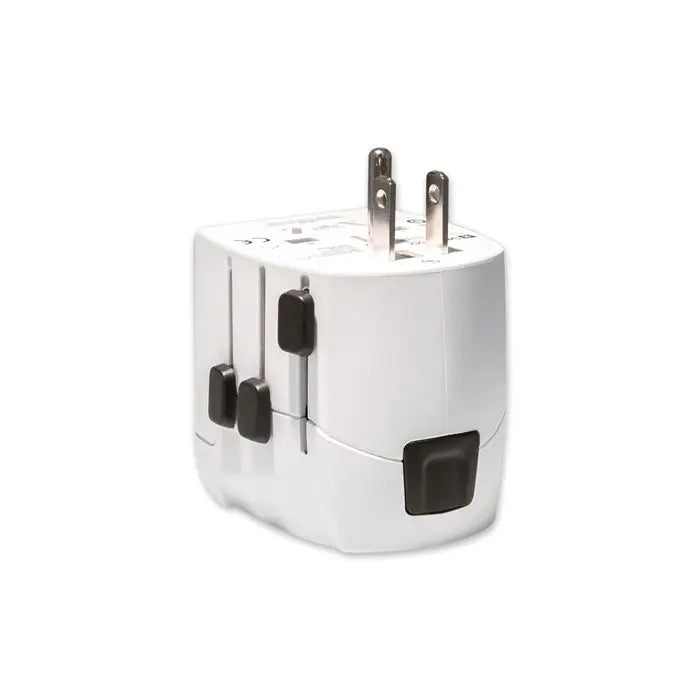 Adaptor universal de călătorie alb din plastic pro light 2x USB cu prize glisante negre și pini metalici 3 poli