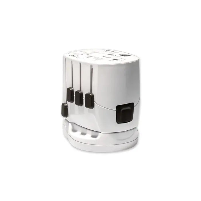 Adaptor de călătorie alb multițară pro world si usb cu întrerupătoare negre din plastic și design compact elegant