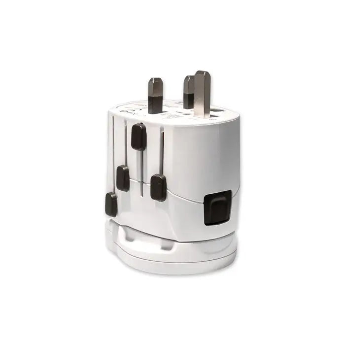 Adaptor de călătorie multi țărilor pro world si usb alb din plastic cu prize glisante negre și design compact