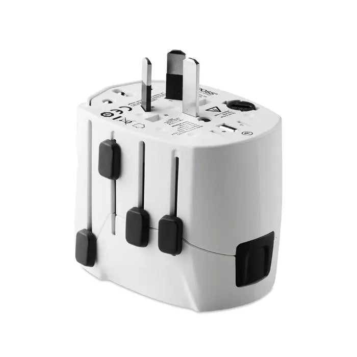 Adaptor de călătorie PRO World si USB alb cu comutatoare negre din plastic și prize USB pe lateral