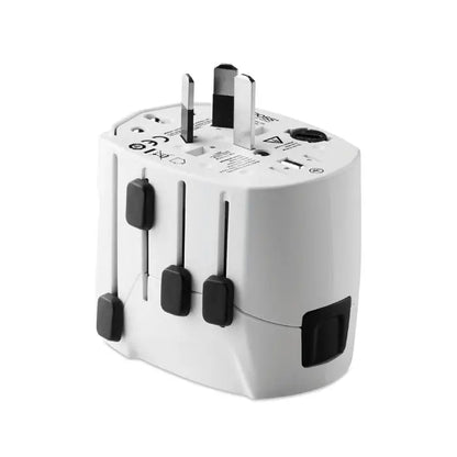 Adaptor de călătorie PRO World si USB alb cu comutatoare negre din plastic și prize USB pe lateral