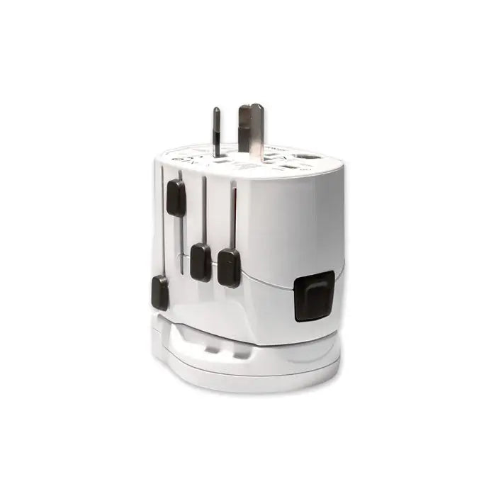 Adaptor universal de călătorie alb din plastic pro world si usb cu prize glisante negre și design cilindric compact