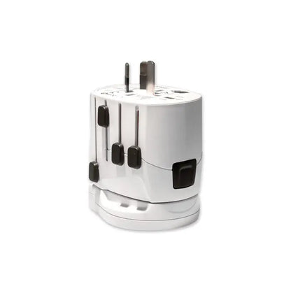 Adaptor universal de călătorie alb din plastic pro world si usb cu prize glisante negre și design cilindric compact