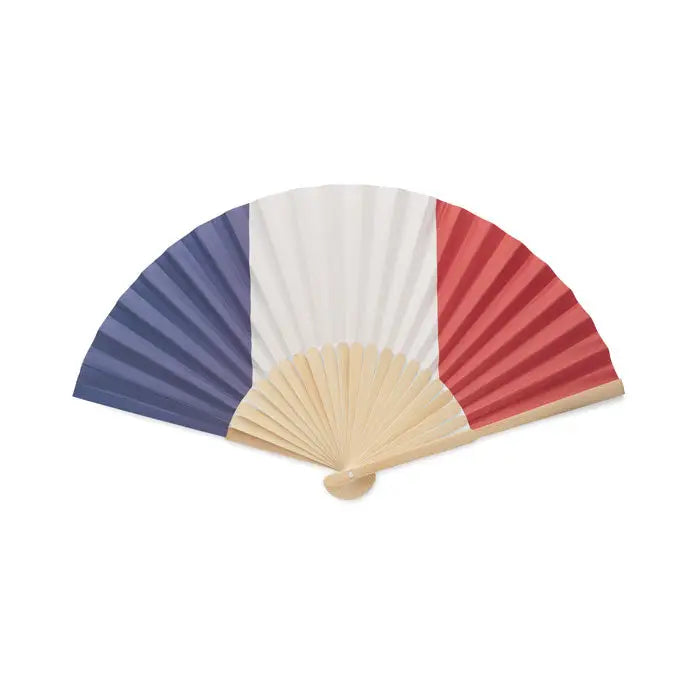 Ventilator pliabil cu mâner de lemn decorat cu designul steagului francez în dungi verticale alb albastru roșu
