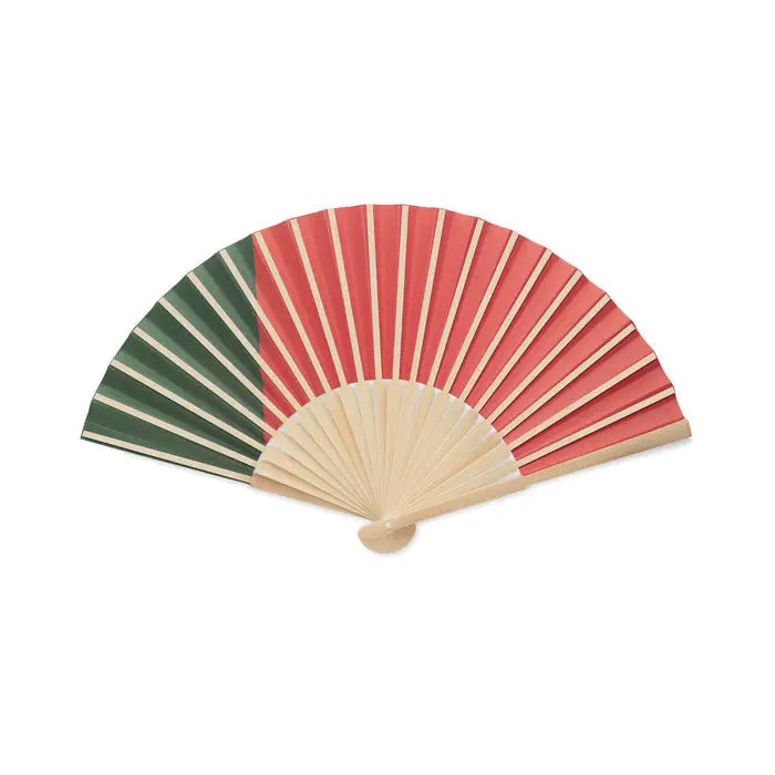 Proiectare manuala a steagului ventilatorului cu evantai pliabil traditional coral roz si verde padure pe nervuri de lemn