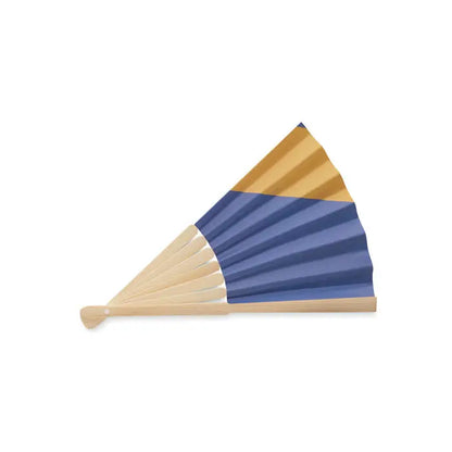 Ventilator pliabil cu mâner din lemn și panouri aurii și bleumarin în design manual al steagului