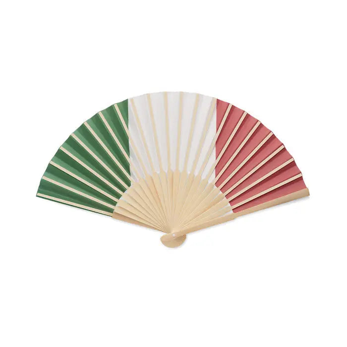 Ventilator pliabil din lemn cu dungi verde alb rosu ce imita steagul italian pentru proiectare manuala
