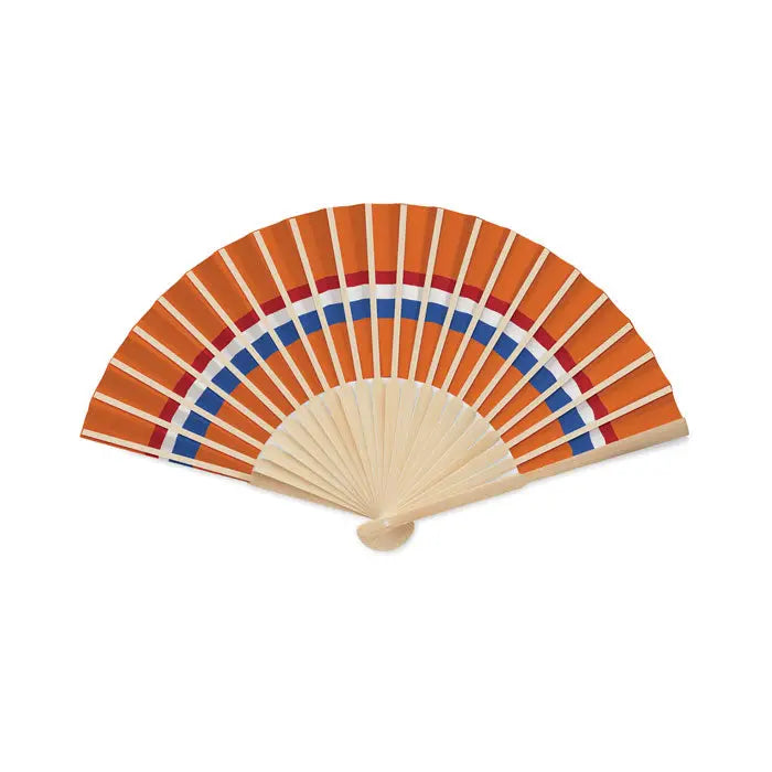 Ventilator manual vibrant portocaliu cu accente albastre si rosii si maner din lemn deschis pentru proiectare steag