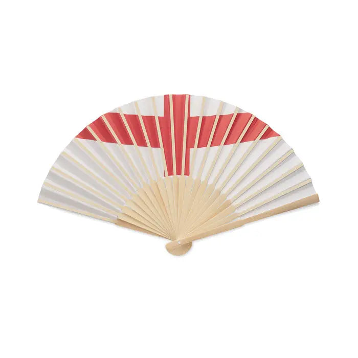 Ventilator pliabil tradițional cu ramă din lemn deschis și panouri din hârtie cu dungi roșii și albe geometrice