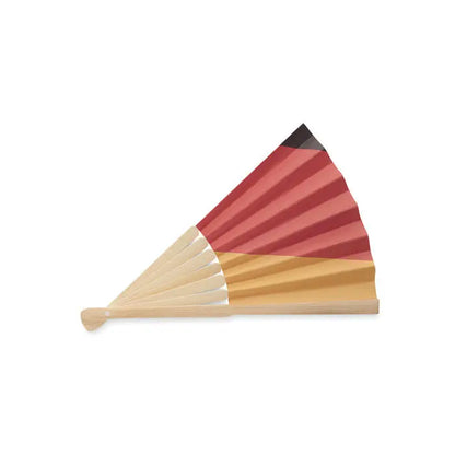 Ventilator traditional pliabil cu cadru din lemn deschis si benzi geometrice rosii, aurii si negre pe panzele de hartie