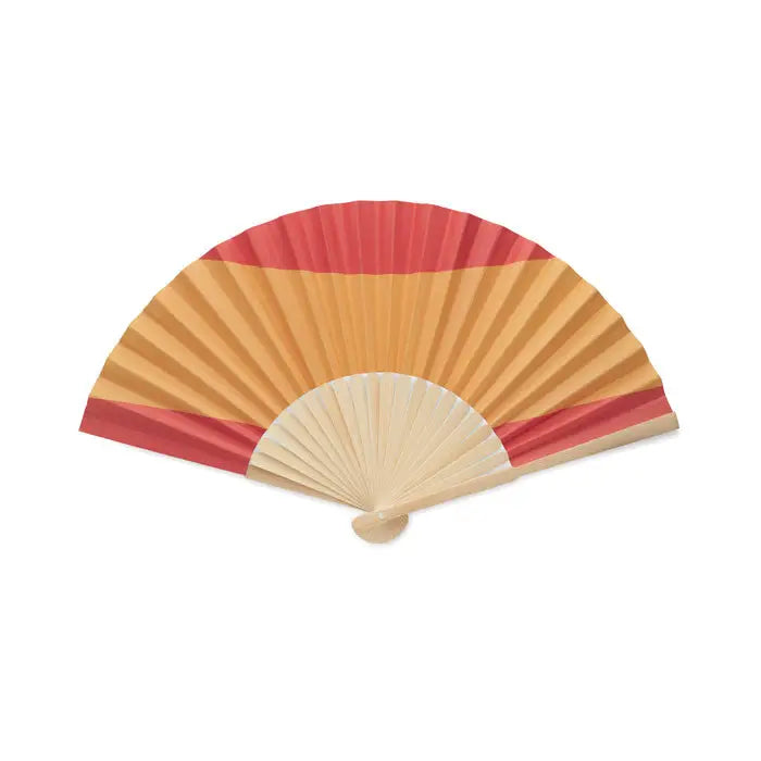 Ventilator pliabil manual cu dungi roșii și portocalii pe hârtie și spițe de lemn deschis la culoare