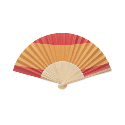 Ventilator pliabil manual cu dungi roșii și portocalii pe hârtie și spițe de lemn deschis la culoare