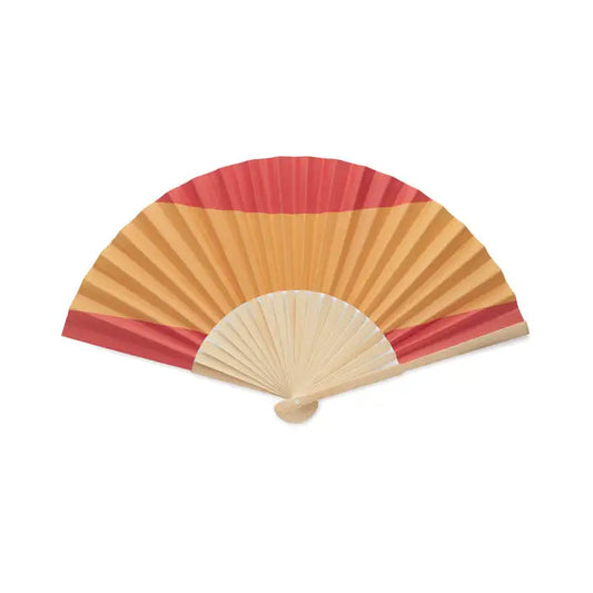 Ventilator pliabil manual cu dungi roșii și portocalii pe hârtie și spițe de lemn deschis la culoare