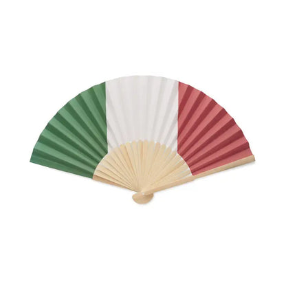 Un evantai pliabil cu mâner de lemn imprimat în culorile steagului italian verde alb și roșu proiectare manuală