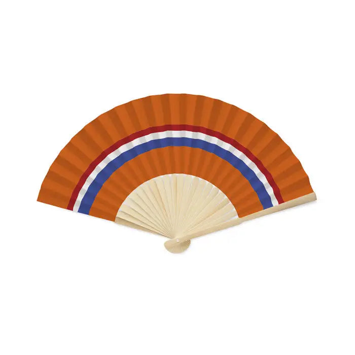 Ventilator pliabil din hârtie cu fundal portocaliu vibrant și dungi concentrice roșii albastre și albe