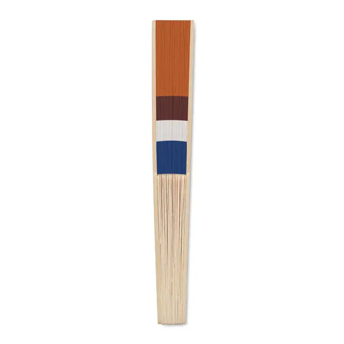 Evantai pliabil din lemn natural cu panouri colorate portocaliu maro alb si albastru pentru proiectare manuala a steagului