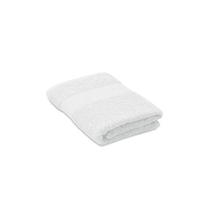 Prosop bumbac organic 100x50cm alb cu suprafata texturata moale si banda orizontala subtila la centru