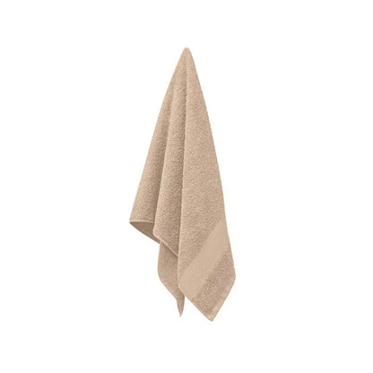 Prosop bumbac organic 100x50cm bej cu suprafata moale si textura subtila cu model in dungi pe margine