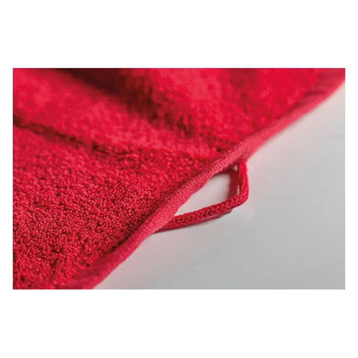 Prosop bumbac organic 100x50cm rosu intens din material pufos cu margine cusuta si maner integrat