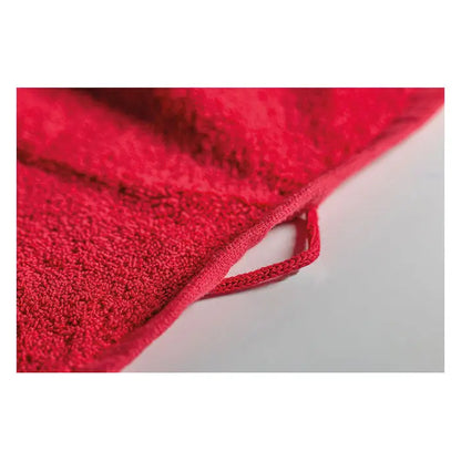 Prosop bumbac organic 100x50cm rosu intens din material pufos cu margine cusuta si maner integrat