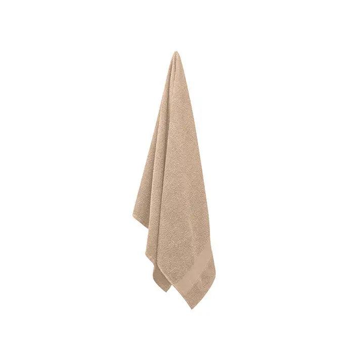 Prosop bumbac organic 140x70cm bej cu suprafata moale si texturata si margini finisate cu atentie