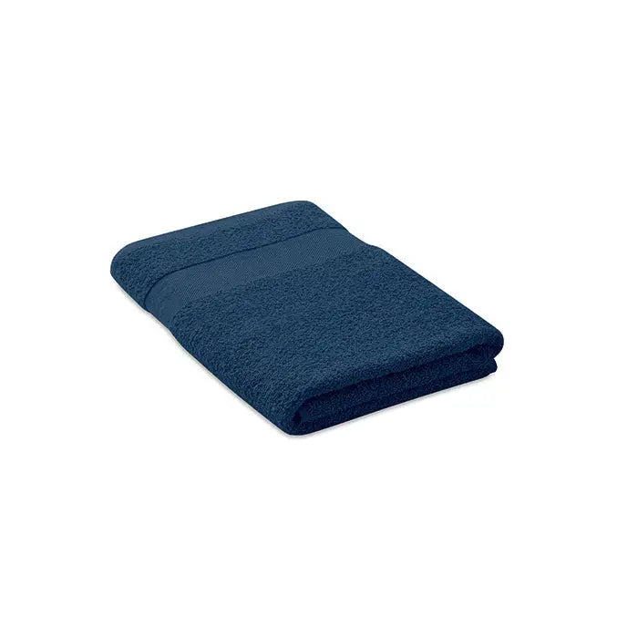 Prosop bumbac organic 140x70cm albastru inchis, texturat si pufos, cu banda subtila orizontala pentru uz casnic