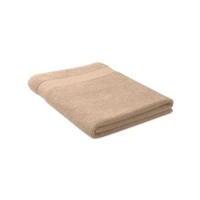 Prosop bumbac organic 180x100cm bej, moale si pufos cu dungi subtile orizontale la margine